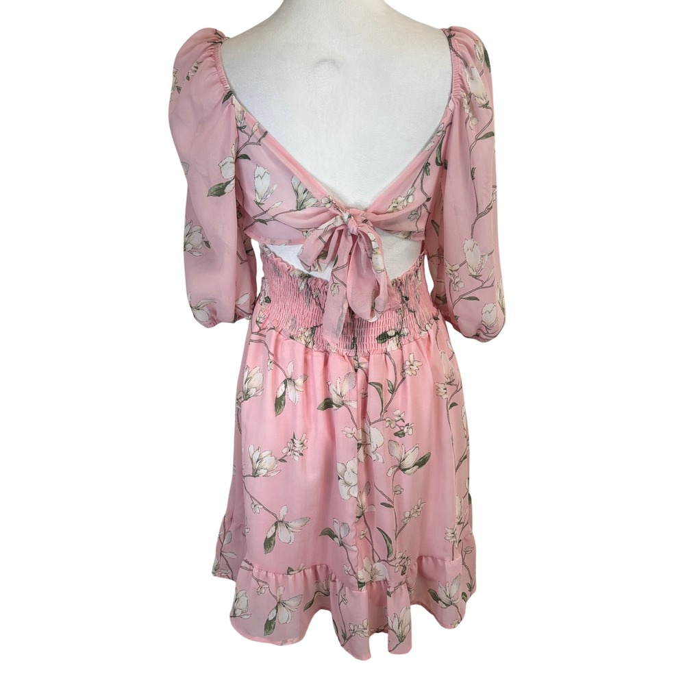 NWT Floral Puff Sleeve Tie Back Dress Womens S Pink Cottagecore Fairy‎ Coquette
